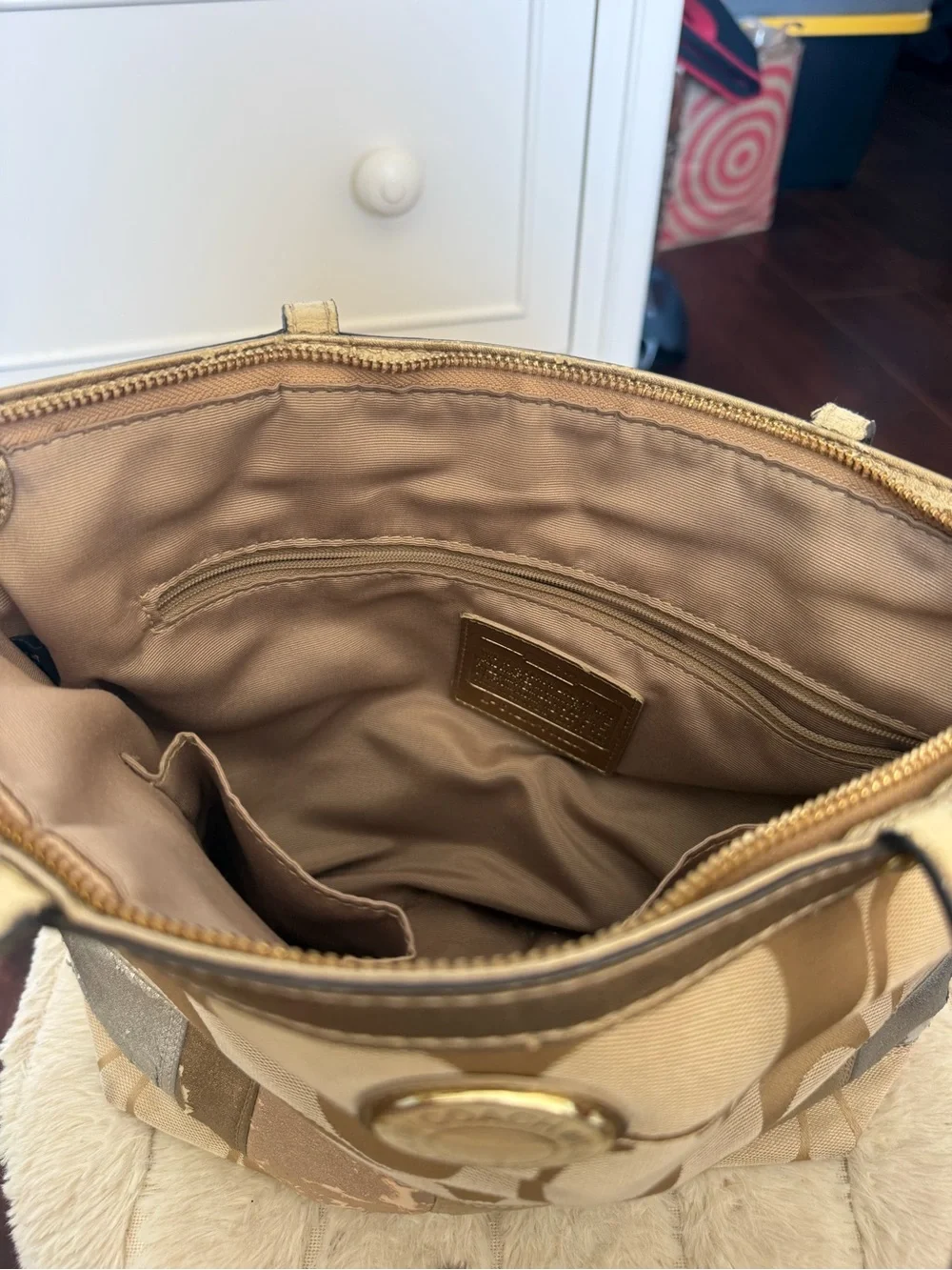 Coach Vintage Signature Metallic Patchwork Tote in Gold and Beige